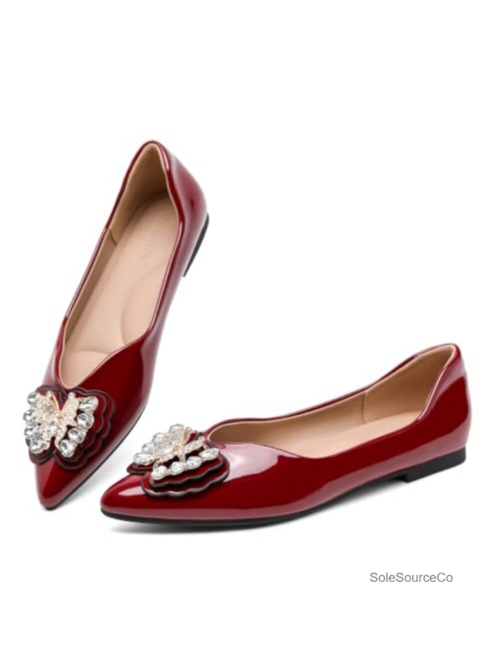 Women's Pointed Toe Faux Leather Bow Rhinestone Dress Flats Slip-On Comfortable